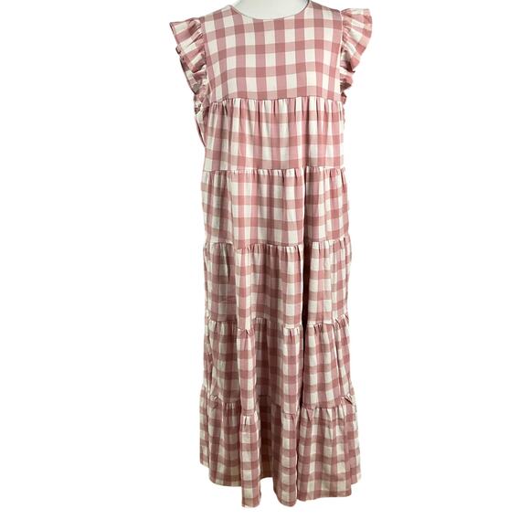 ENGLISH FACTORY Tiered Maxi Dress Cottage Baby Doll Gingham Pink Large Prairie - Picture 5 of 16